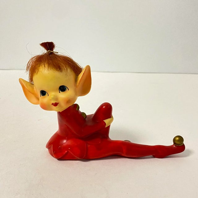 Red Vintage 1950s Pixie Elf Figurines Anthropomorphic Red Knee Hugger Elves Christmas Holiday a Pair For Sale - Image 8 of 13