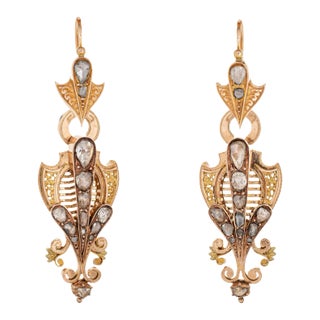 Antique Victorian 2ct Diamond Earrings 14k Yellow Gold Long 2" Drops Day Night - 2 Pieces For Sale