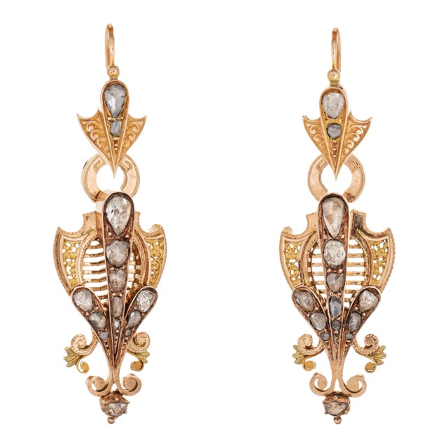 Antique Victorian 2ct Diamond Earrings 14k Yellow Gold Long 2" Drops Day Night - 2 Pieces For Sale