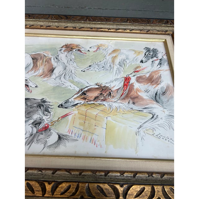 1950s 1950’s Original Paulette Lagosse Bozoi Dog Ink Drawing/ Watercolor Painting in Vintage Frame For Sale - Image 5 of 5