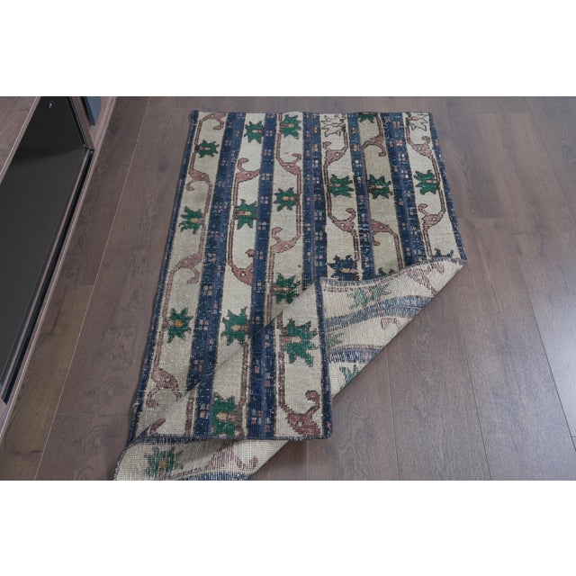 1970s Vintage Turkish Runner Rug - Navy Blue Vertical Striped & Cream Hallway Rug - Handwoven Anatolian Low-Pile Accent Carpet For Sale - Image 9 of 9