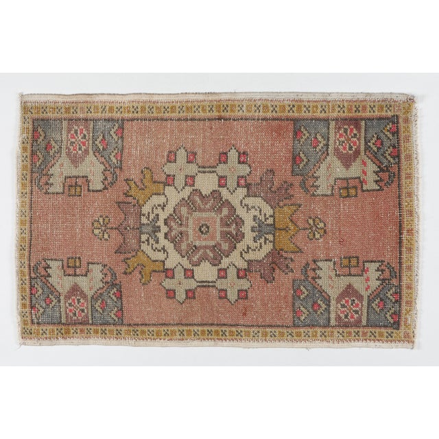 Vintage Turkish Wool Door Mat – Medallion & Mustard Floral Border - 1' 10'' X 3' 5'' A vintage Turkish handwoven door mat...