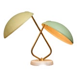 Table Lamp with 2 Shades in Pastel Yellow and Green with Brass Details by Bruno Gatta for Stilnovo, Italy, 1950s For Sale
