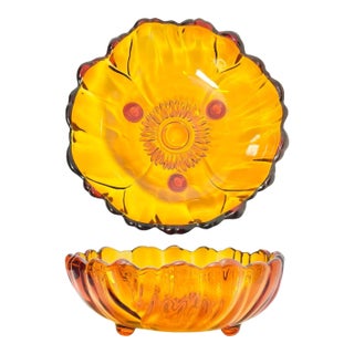 1970s Vintage Large Organic Flower Glass Footed Decorative Serving Bowl For Sale