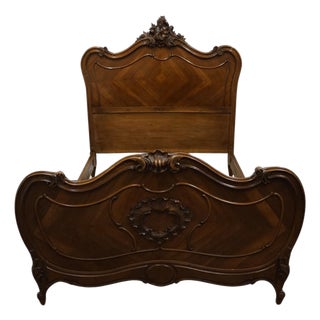 Vintage Antique Bookmatched Walnut French Provincial Louis XVI Rococo Full Size Bed For Sale