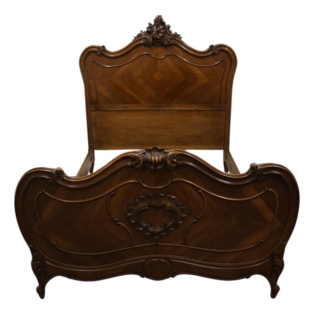 Vintage Antique Bookmatched Walnut French Provincial Louis XVI Rococo Full Size Bed For Sale
