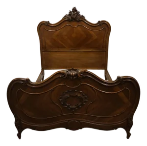 Vintage Antique Bookmatched Walnut French Provincial Louis XVI Rococo Full Size Bed