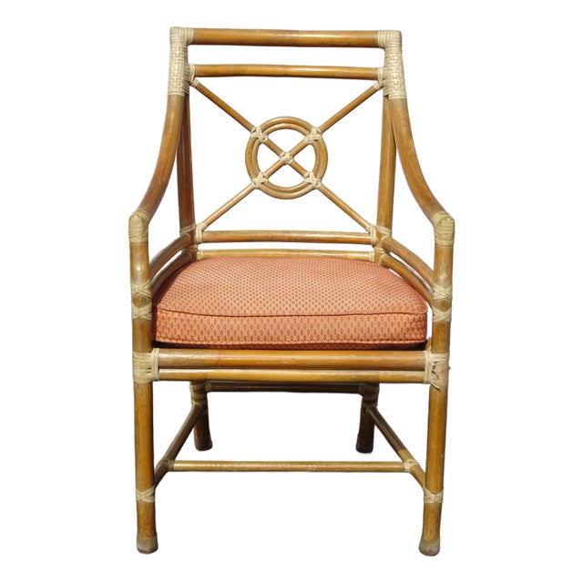 Vintage McGuire Mid Century Target Back Bamboo Arm Chair ~Dining Chair W Leather For Sale