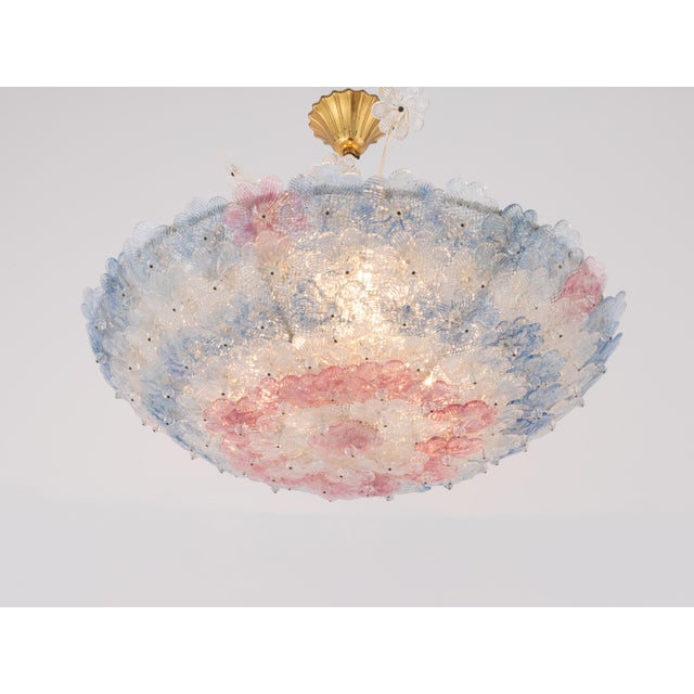 1950s Murano Glass Floral Barovier & Toso Blue Clear Pink Flower Basket Chandelier For Sale - Image 6 of 12