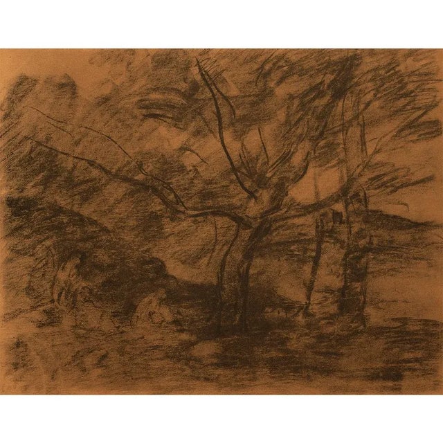 A rare large and excellent vintage photogravure print after charcoal drawing "Landscape" by Camille Corot. Comes from a...