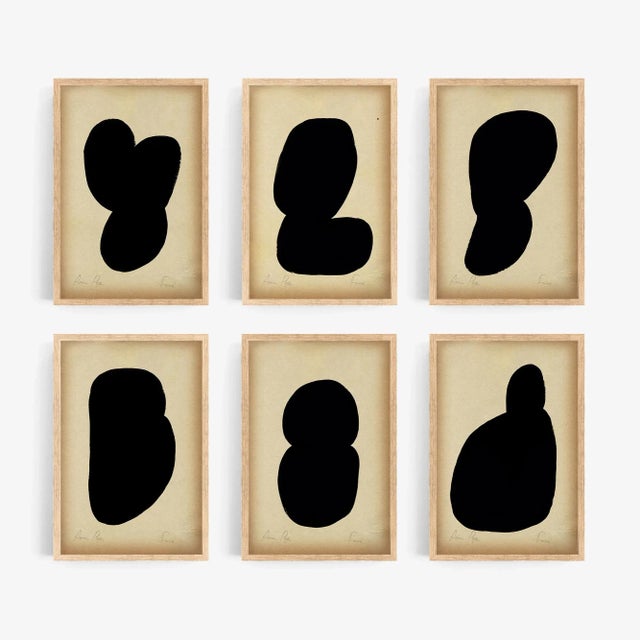 The unique set of six pieces of gouache paintings on vintage paper. Original gallery wall set. Abstract geometric form in...