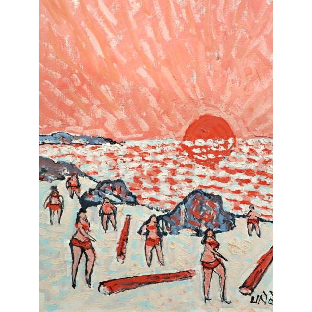 Mid-Century Modern 'Coral Sunset' Original Coastal Landscape Oil Painting by Swedish Artist Uno Vallman (1913-2004), Framed For Sale - Image 9 of 13