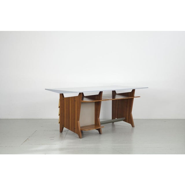 Mid-Century Modern Modernist Italian Desk with Three Drawers, Book Storage and Light Blue Formica Table Plate, 1960s For Sale - Image 3 of 18