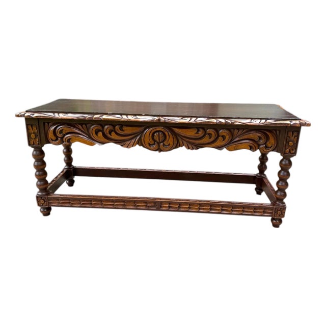 Spanish Baroque Carved Wood Arts & Crafts Hall Bench Seat For Sale