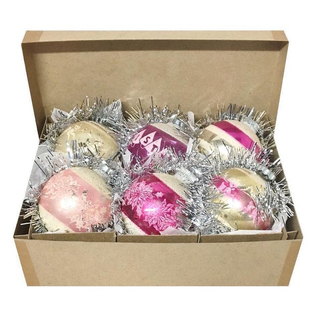 1960's Vintage 3" Shiny Brite Pink Christmas Tree Ornaments Set of 6