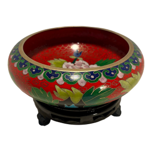 Vintage Chinese Cloisonné Enamel Bowl With Floral Vase Motif With Stand
