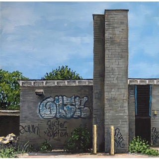 Summer School by Stephanie Buer | Oil on Wood Panel Depiction of a graffiti-covered building. For Sale