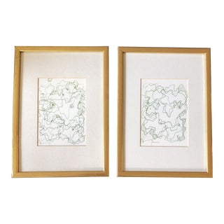 1980’s 2 Vintage Wayne Cunningham Abstract Green Ink Drawings-A Pair For Sale