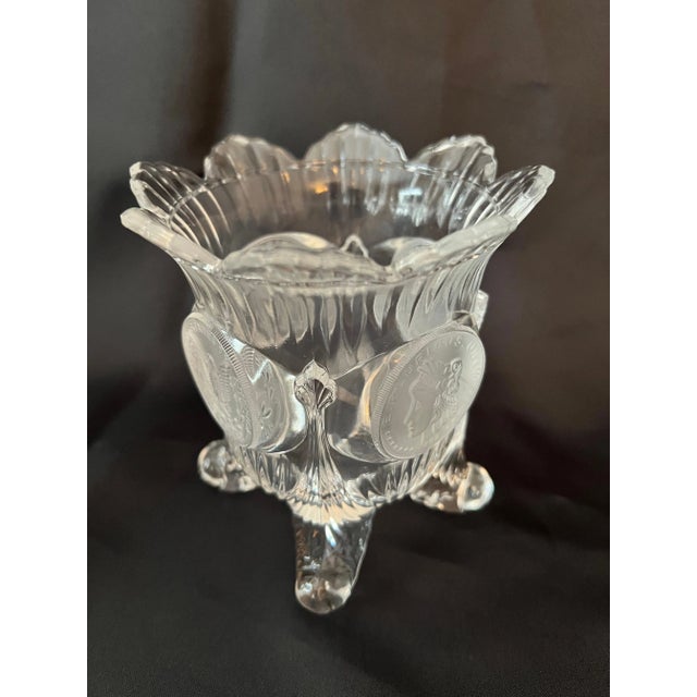 Transparent Glass Vase with Four Legs, Scalloped Top and Frosted Medallions For Sale - Image 8 of 8