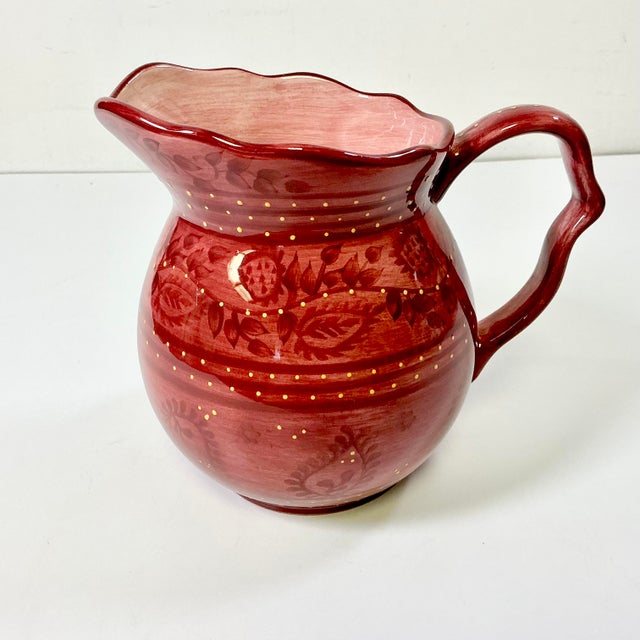 1990s Boho Chic Farmhouse Scalloped Handle Hand Painted Ceramic Pitcher. For Sale - Image 12 of 14
