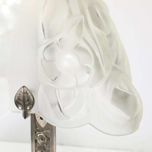Metal Art Deco Style Molded & Frosted Glass Table Lamp W/ Silvered Bronze Base For Sale - Image 7 of 12