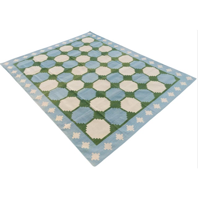 Mid-Century Modern Handmade Woolen Flat Weave Box Pattern Sky Blue and Forest Green Area Rug - 8'x10' For Sale - Image 3 of 10