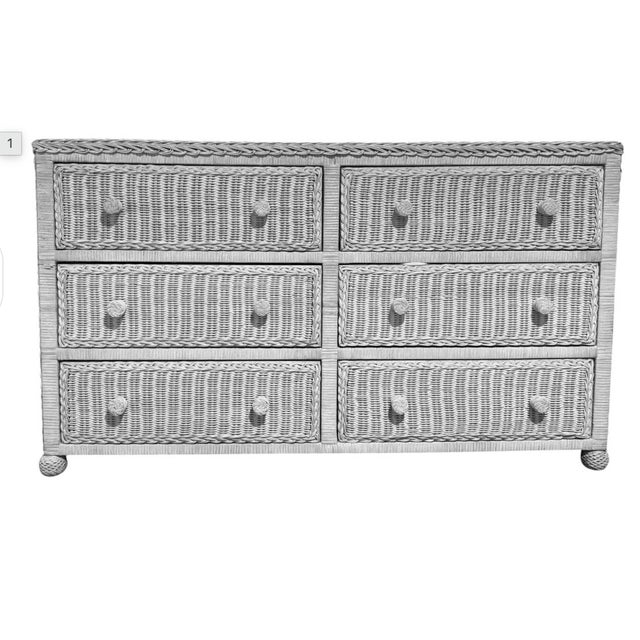 Coastal Vintage White Wicker, Six Drawer Bureau, Dresser, White, Solid, Wood and Wicker For Sale - Image 3 of 4