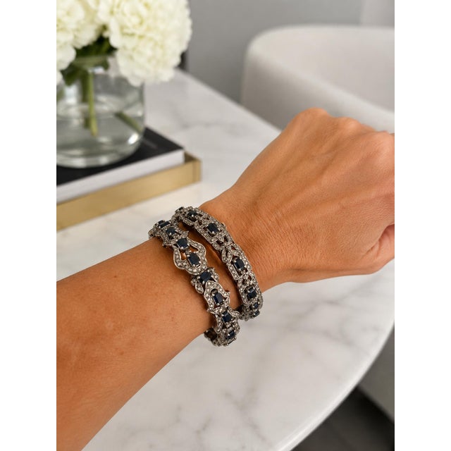 Vintage Indian Sapphire and Diamond Bracelet Set, Silver and 14k Gold, Circa 1950, 2 Pieces For Sale - Image 9 of 9