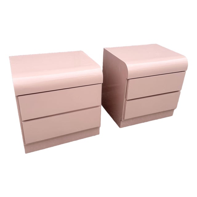 Postmodern Pink Gloss Laminate Waterfall Nightstands - A Pair For Sale