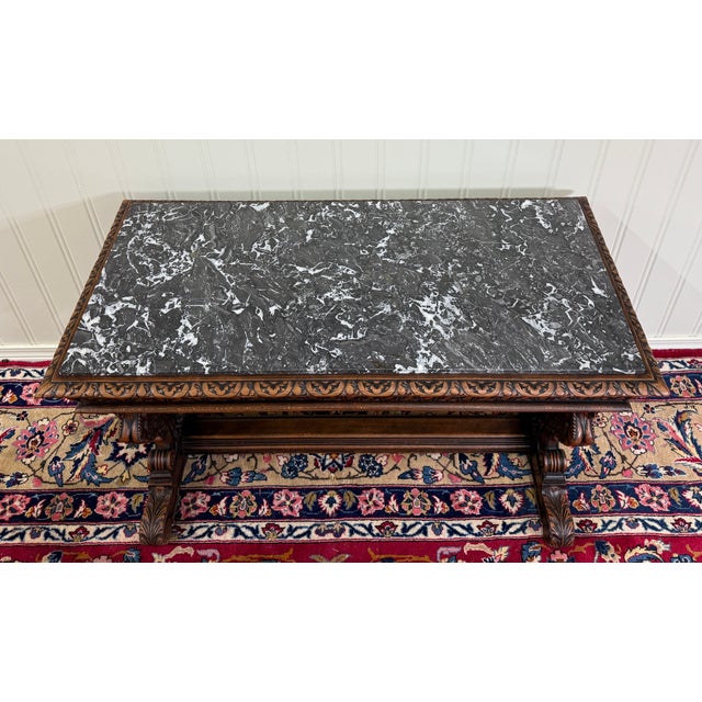 1920s Antique French Coffee Table Bench Window Seat Marble Top Oak Renaissance Revival For Sale - Image 5 of 18