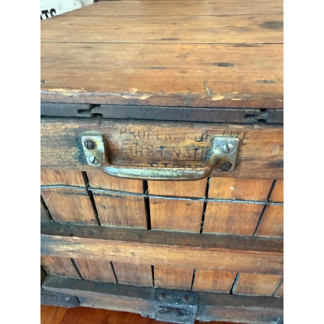 Antique First National Stores Wooden Shipping Crate With Lid – Wire Reinforced Grocery Transport Basket – Coffee Table Storage Chest For Sale - Image 10 of 18