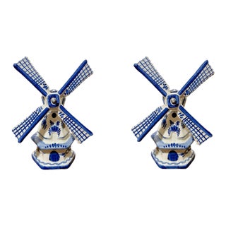 Vintage Authentic Dutch Delft Blue Hand-Painted Porcelain Windmill Table Lamps - Made in Holland - a Pair For Sale