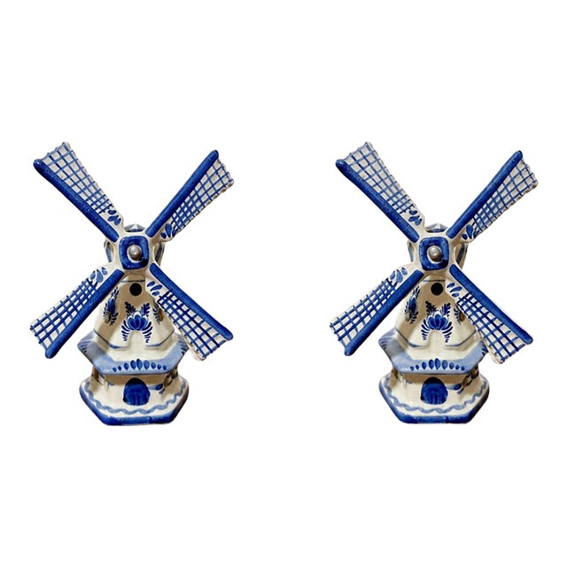 Vintage Authentic Dutch Delft Blue Hand-Painted Porcelain Windmill Table Lamps - Made in Holland - a Pair For Sale