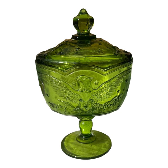 1970s Green Glass Eagle Pedestal Dish With Matching Lid For Sale