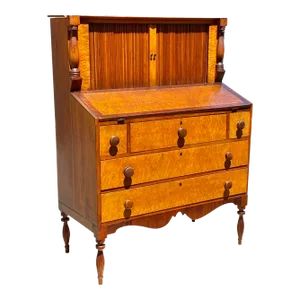 Antique Sheraton Birds Eye Maple & Cherry Vermont Tambour Secretary Desk