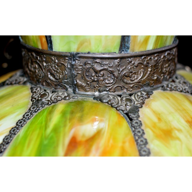 Antique Avocado Ceiling Light Shade With Slag Glass and Bronze Bands For Sale - Image 18 of 18