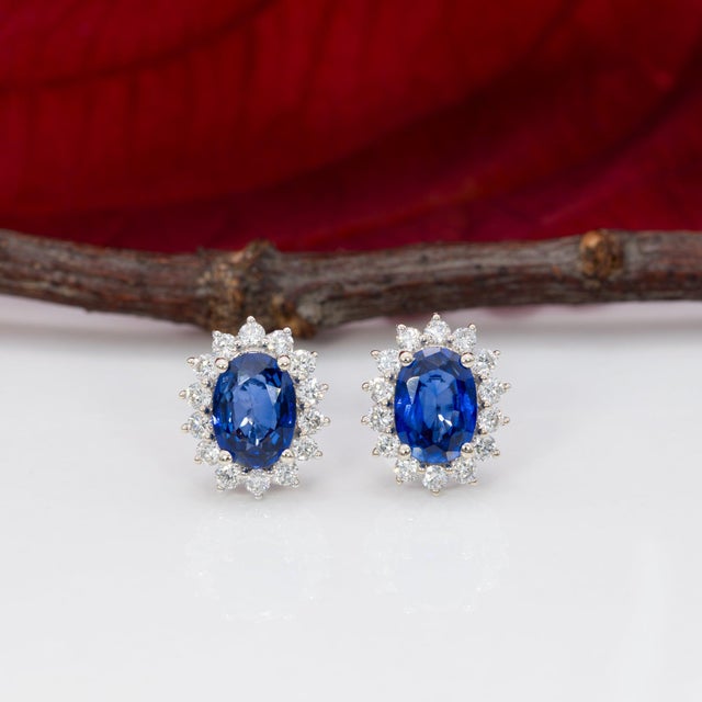 Modern 1.8Ct Ceylon Blue Sapphire Earrings With Diamond Accents: Solid 14k Gold, 7x5mm, Pair For Sale - Image 3 of 7