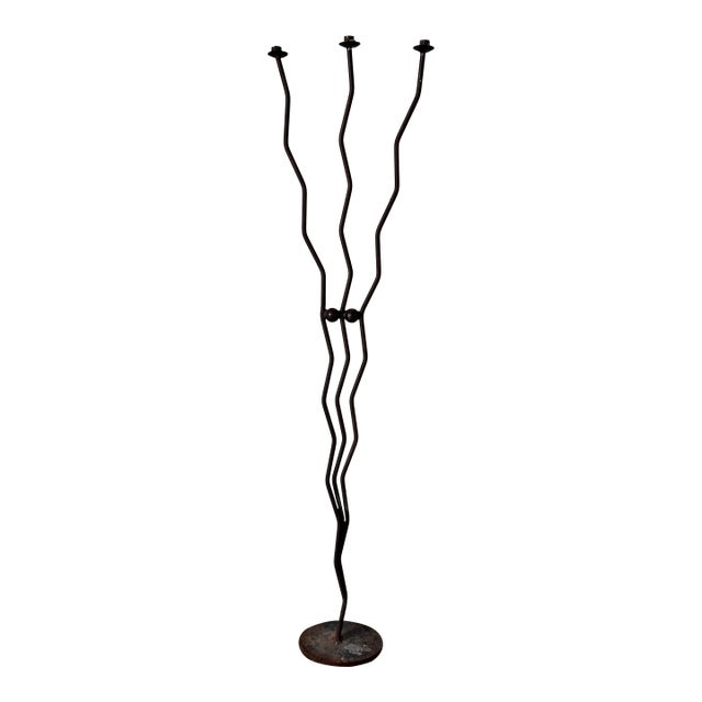 Vintage Handmade Brutalist Wrought Iron Floor Candleholder For Sale