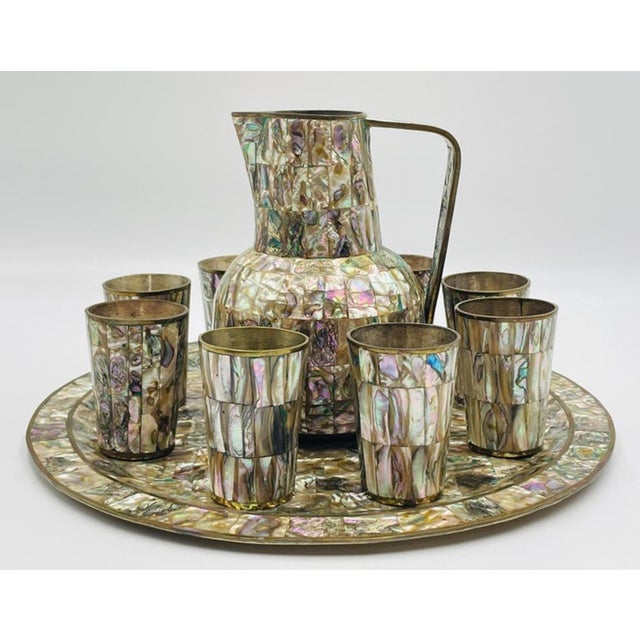 Mexican 1960s Mexican Brass and Abalone Shell Pitcher Set With Tray and Eight Cups - 10 pcs For Sale - Image 3 of 18
