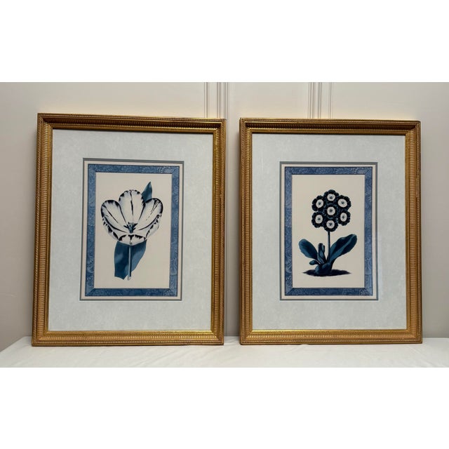Victorian Vintage Traditional Victorian Blue Floral Botanical Gold Framed Reproduction Prints, a Pair For Sale - Image 3 of 17