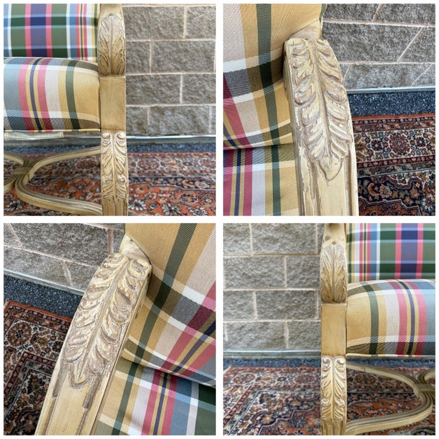 Late 20th Century Vintage Southwood Furniture French Neoclassical Lounge Chair in Distressed Beige With Carved Acanthus Leaves For Sale - Image 5 of 16
