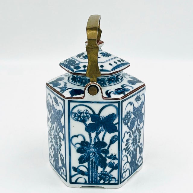 Blue Vintage Blue and White Chinoiserie Hexagon Teapot With Bronze Handle For Sale - Image 8 of 15