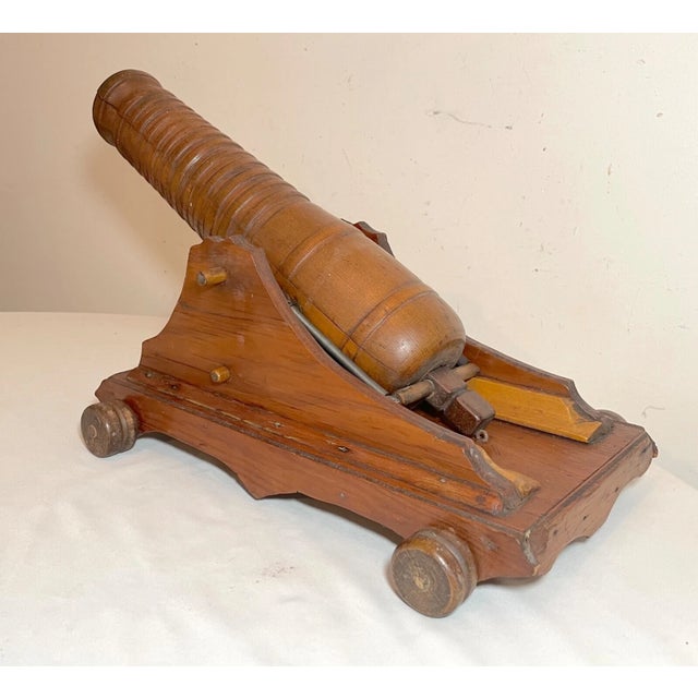 Folk Art Arge Antique Hand Made Carved Folk Art Wood Military Cannon Model Sculpture For Sale - Image 3 of 13