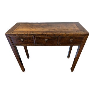 Antique Asian Elm Wood 3-Drawer Console Table For Sale