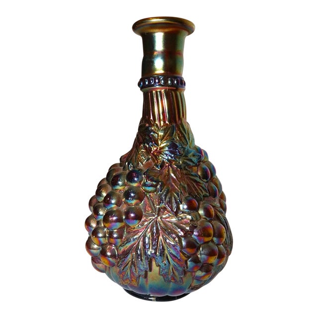 Rare Vintage Carnival Iridescent Glass Figural Leaf and Berry Grape Fenton Vase For Sale