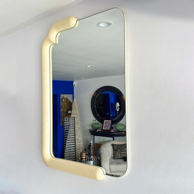 Wood Postmodern Lacquered Faux Goatskin Wall Mounted Floating Console and Mirror For Sale - Image 7 of 11