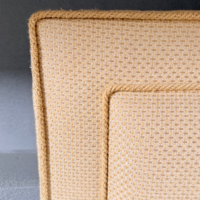 Fully Upholstered King Headboard & Skirt An Andrew Law design—golden yellow tweed with complementing rope trim. Bed skirt...