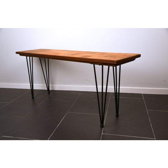 Swedish Modern Oak and Metal Flower Sidetable or Bench, 1950s. Fine Bench made of Dutch patterned oakstripes and metal...