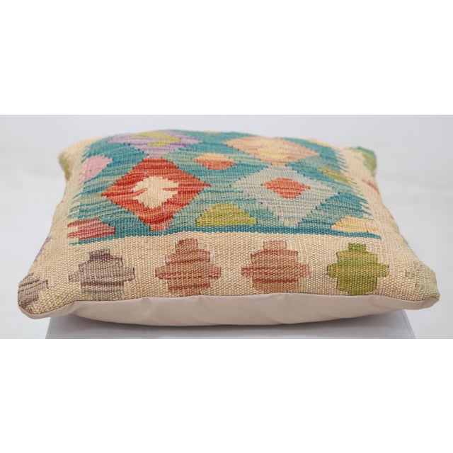 Tribal Arteverk Handwoven Afghan Kilim Pillow — Green & Red Zigzag Diamonds For Sale - Image 3 of 3
