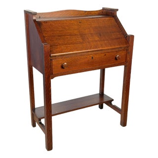Antique Arts & Crafts Quartersawn Oak Drop Front Secretary Desk For Sale